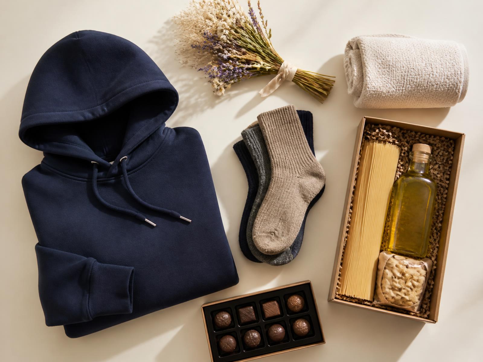 Utvalg av dugnadsprodukter: hoodie, sokker, håndkle, matkasse, konfekt og tørkede blomster